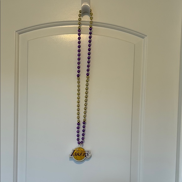 Purple and Gold Beaded Necklace with Lakers Logo